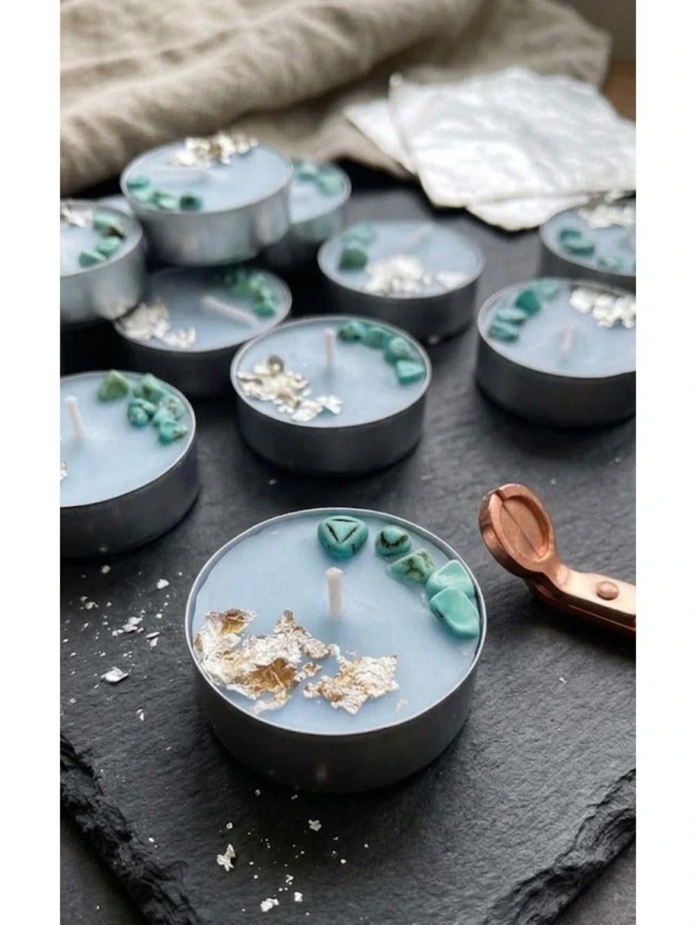 Turquoise Howlite Tea-light Candles, Fresh Linen Scent